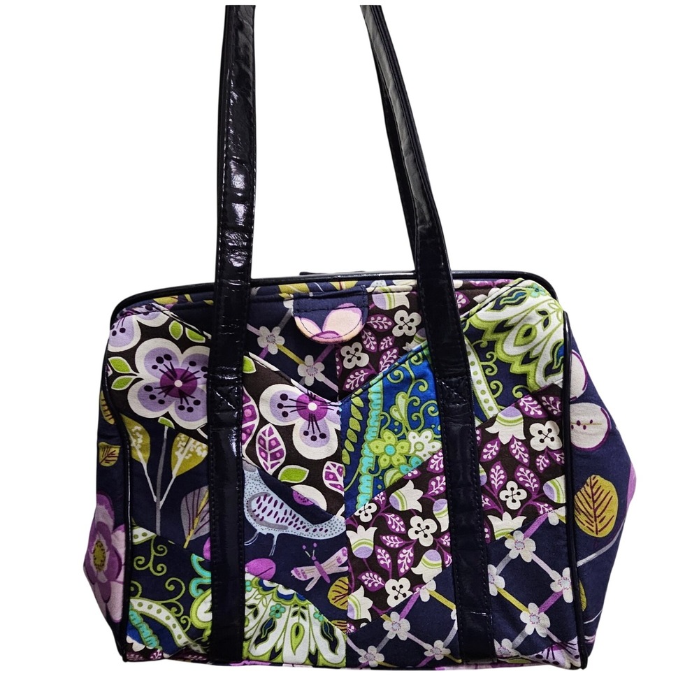 Vera Bradley Floral Nightingale Patchwork Shoulder Bag Navy Purple Patent Straps